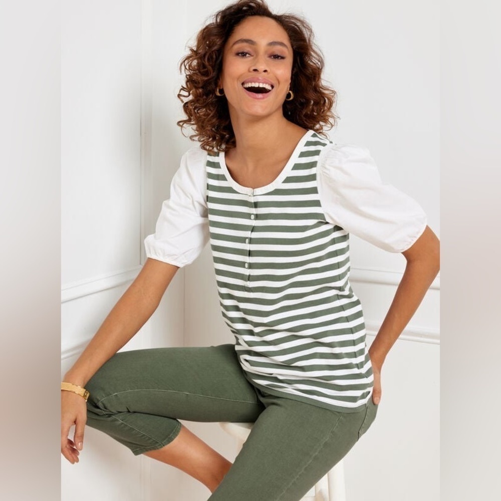 Talbots Woven Sleeve Henley Tee in Moss/White Bali Stripe Sz. S Petite 4 NWT